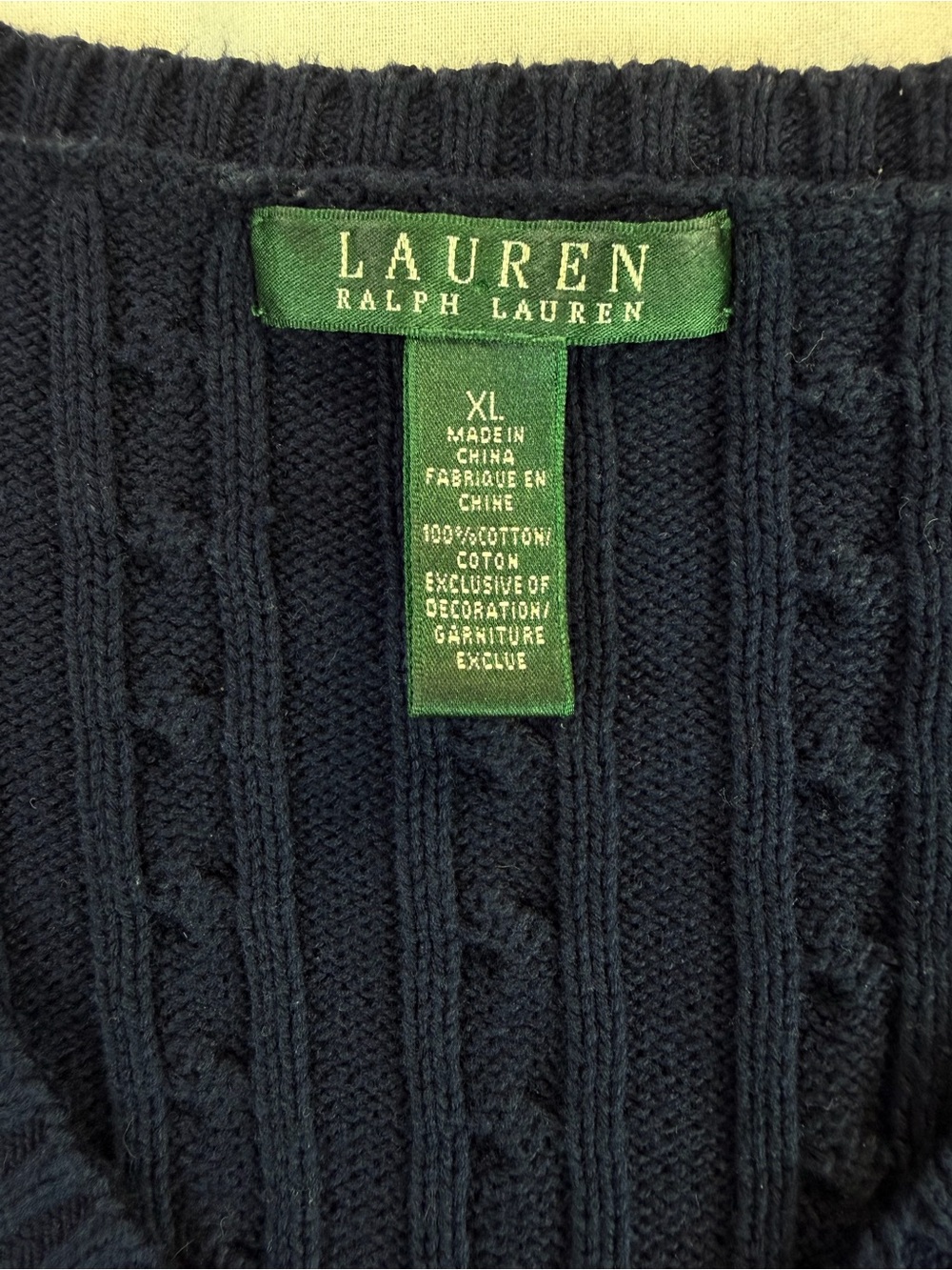 Lauren Ralph Lauren Navy Blue V-Neck Cable Knit Cotton Sweater XL - Picture 7 of 9